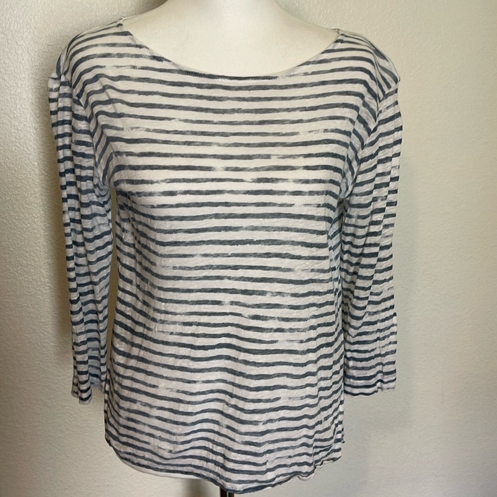 Majestic Paris Neiman Marcus Striped 3/4 Length Linen Tee | L